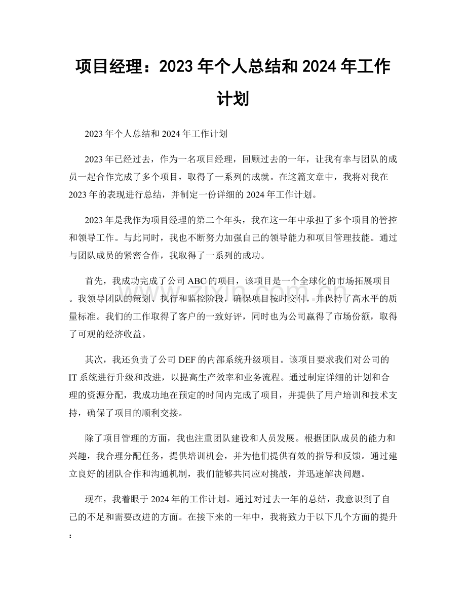 项目经理：2023年个人总结和2024年工作计划.docx_第1页
