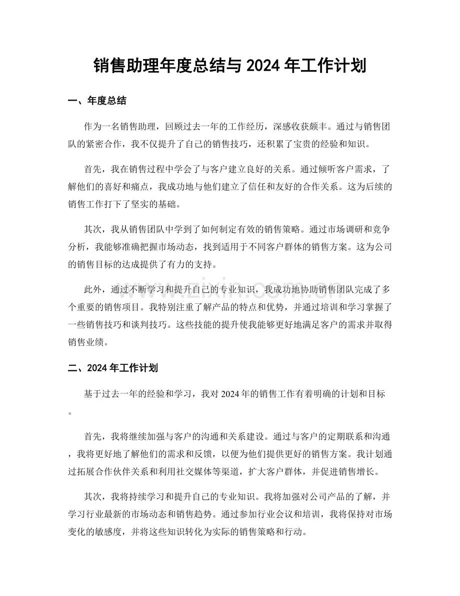 销售助理年度总结与2024年工作计划.docx_第1页