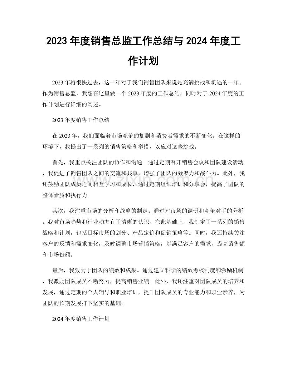 2023年度销售总监工作总结与2024年度工作计划.docx_第1页