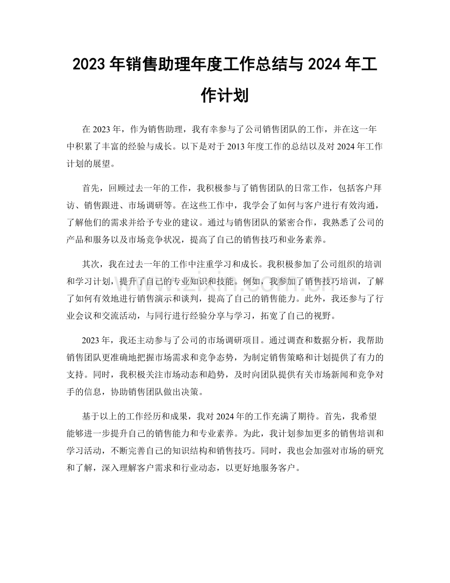 2023年销售助理年度工作总结与2024年工作计划.docx_第1页