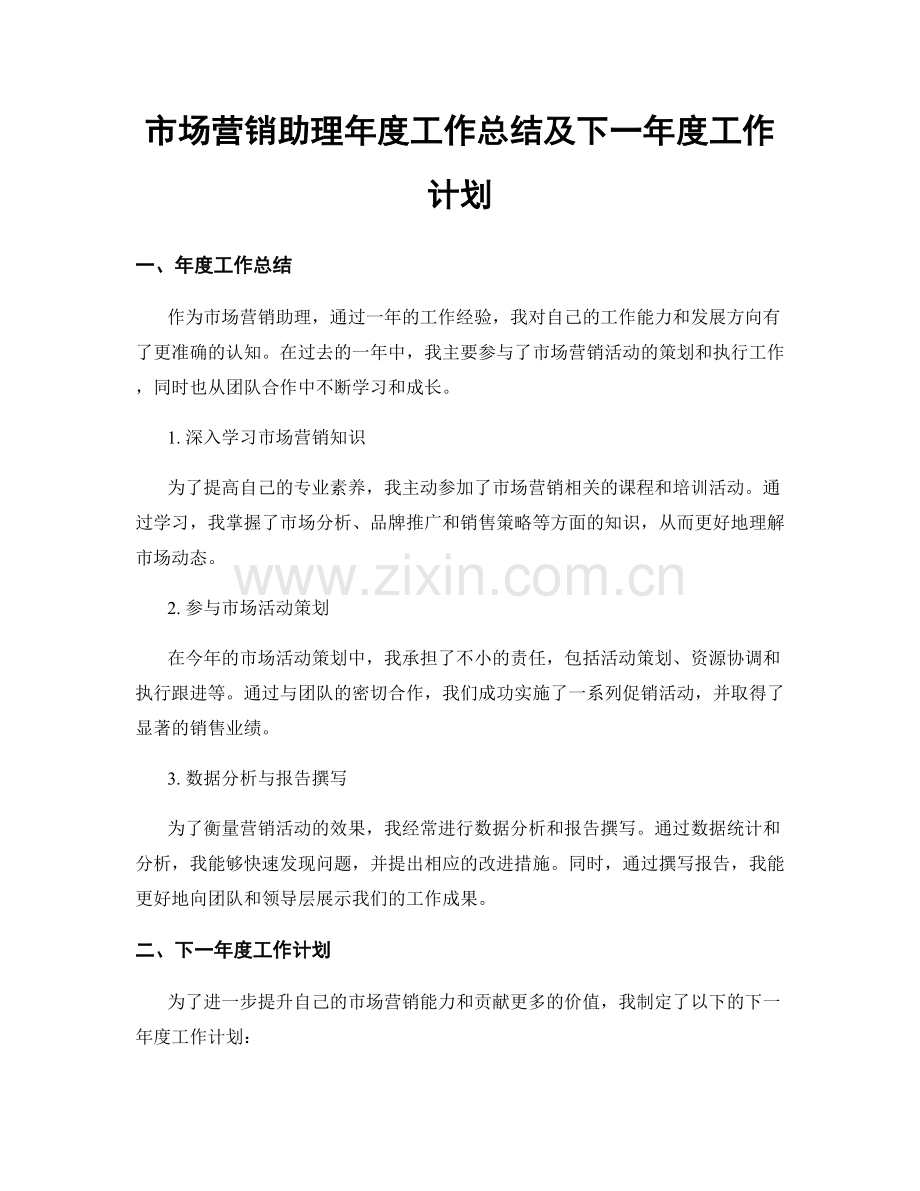 市场营销助理年度工作总结及下一年度工作计划.docx_第1页