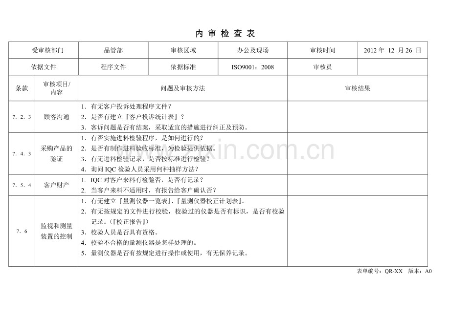 ISO90012008内部审核检查表.doc_第1页