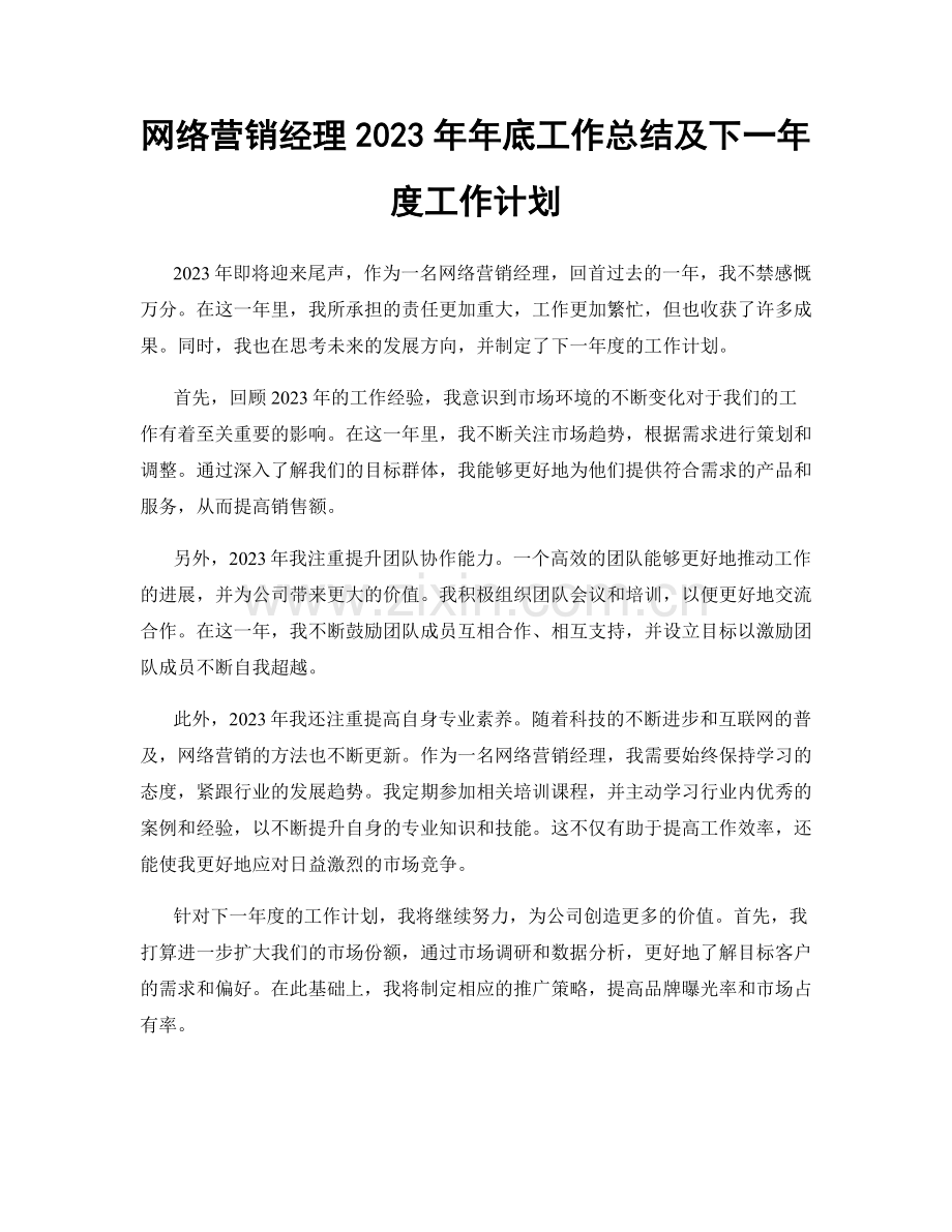 网络营销经理2023年年底工作总结及下一年度工作计划.docx_第1页