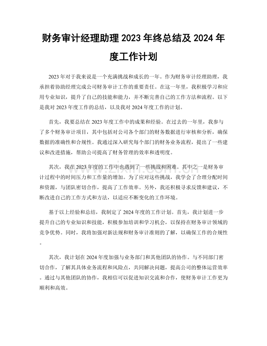 财务审计经理助理2023年终总结及2024年度工作计划.docx_第1页