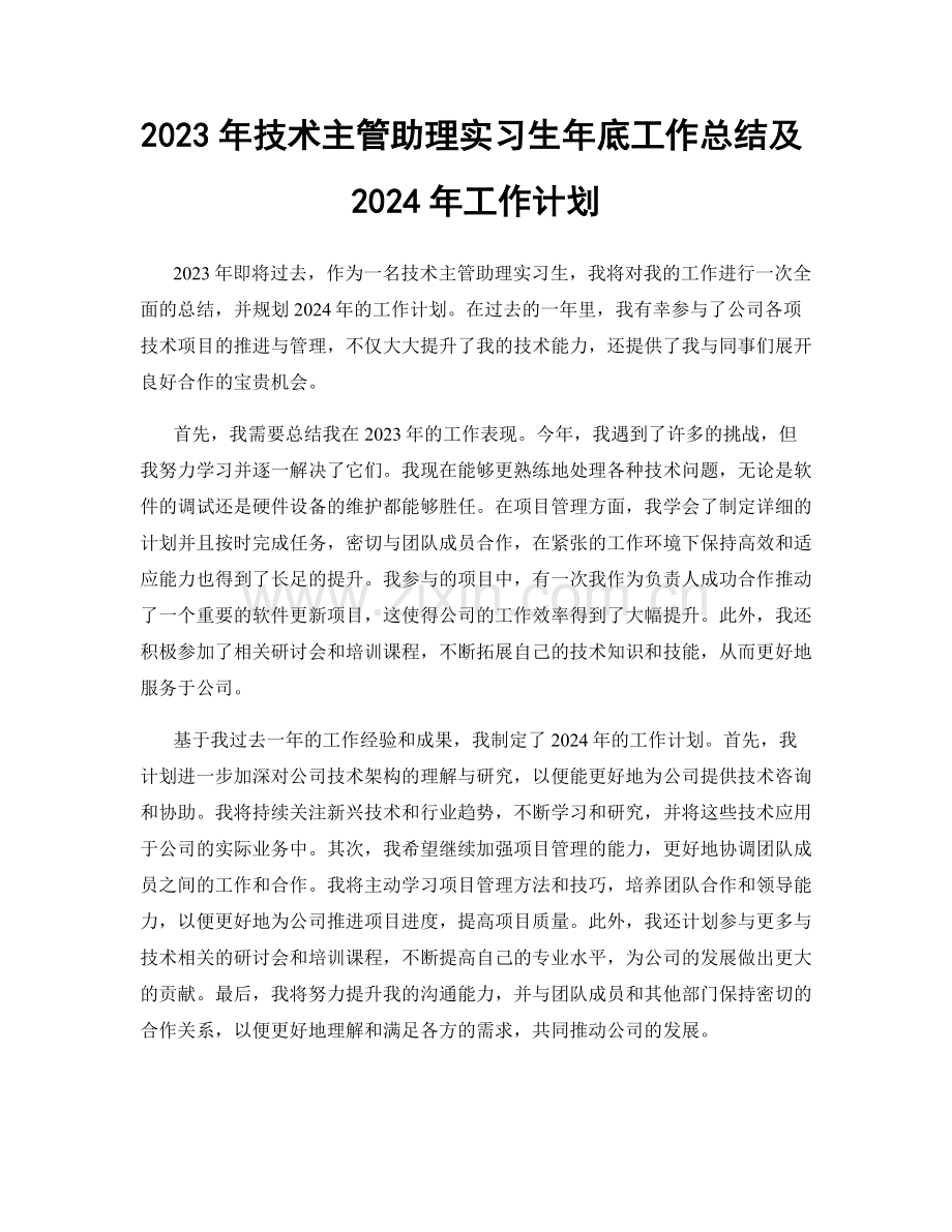 2023年技术主管助理实习生年底工作总结及2024年工作计划.docx_第1页