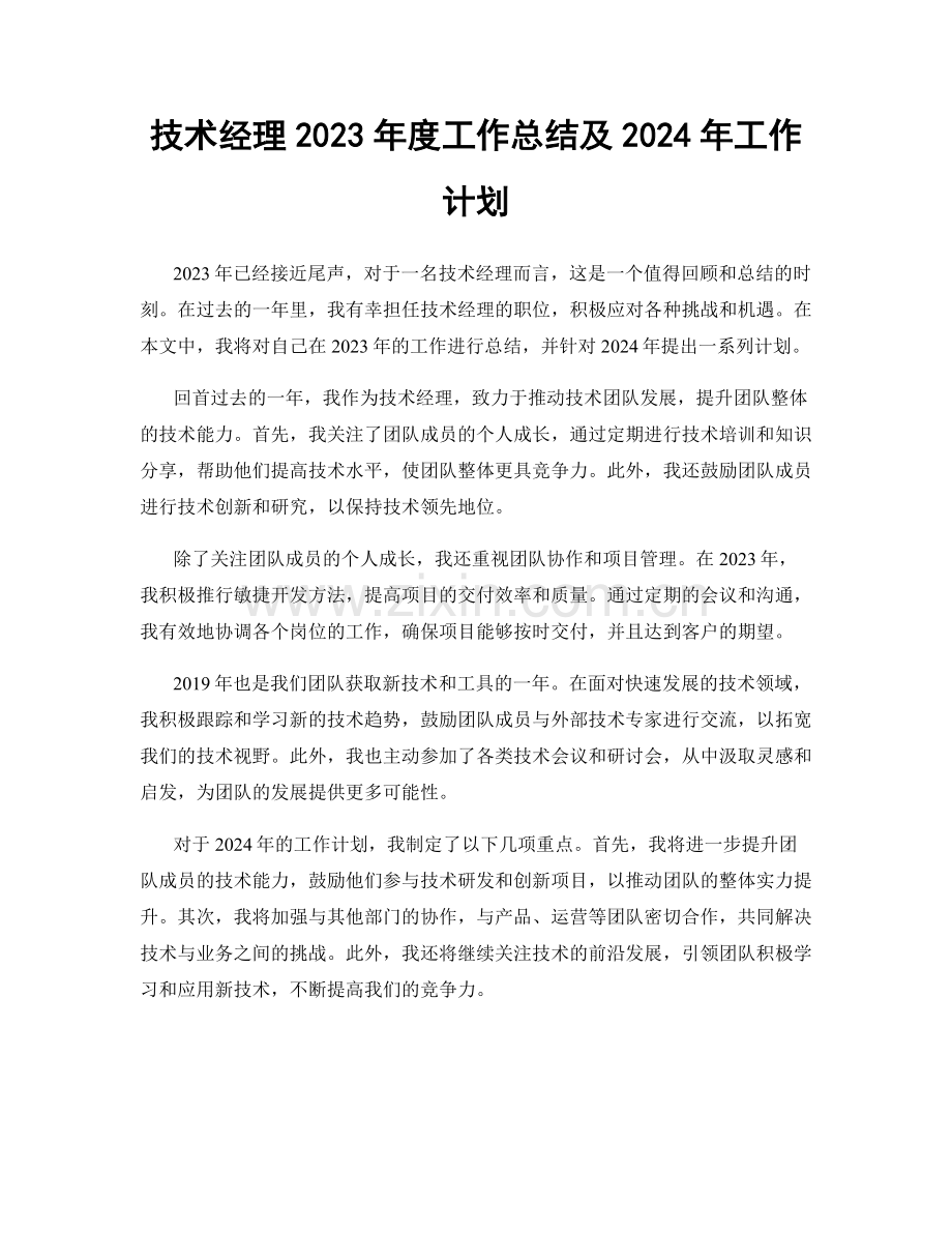 技术经理2023年度工作总结及2024年工作计划.docx_第1页