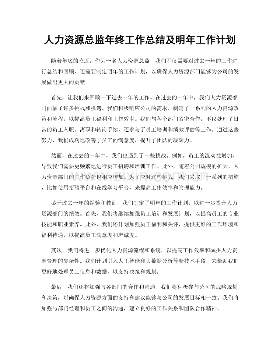 人力资源总监年终工作总结及明年工作计划.docx_第1页