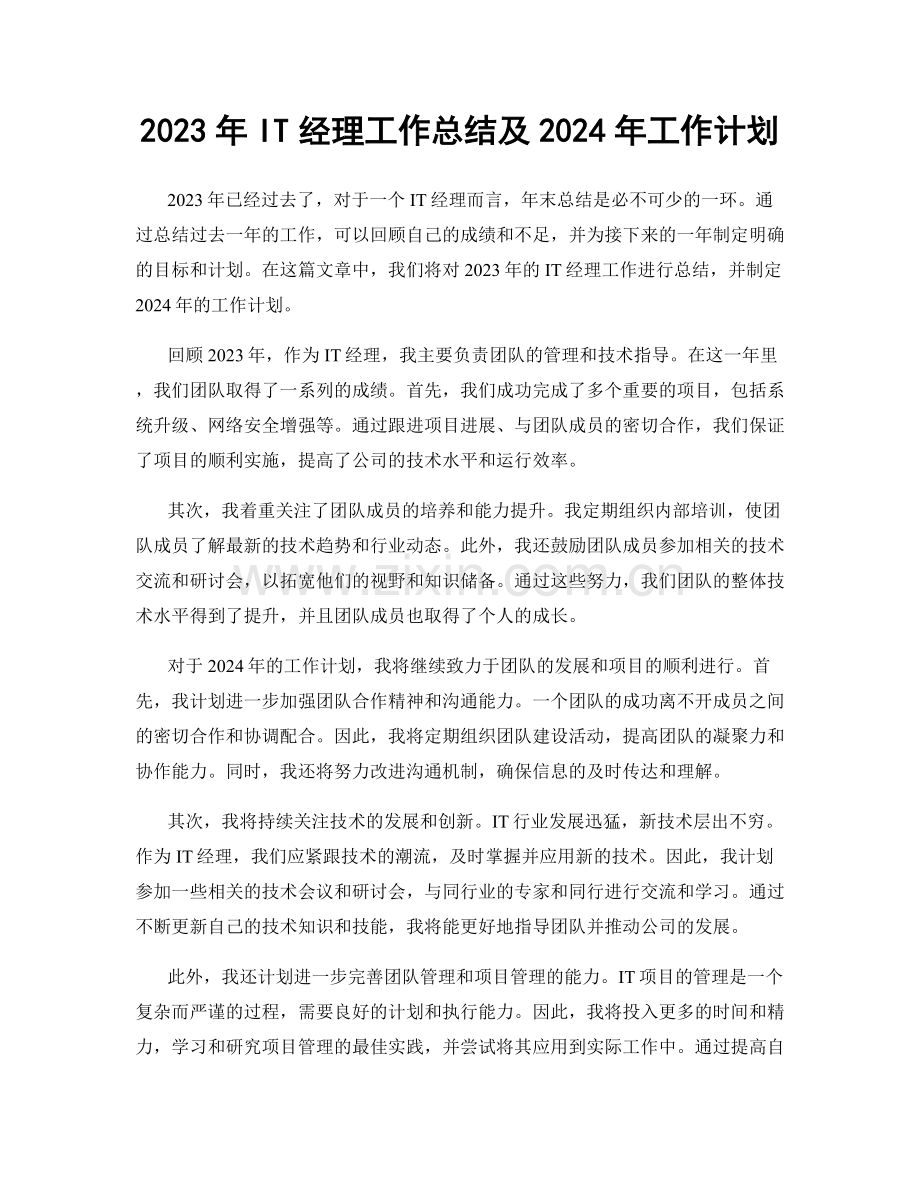 2023年IT经理工作总结及2024年工作计划.docx_第1页