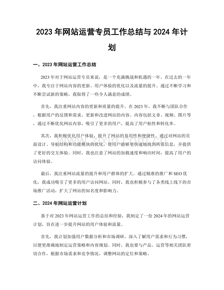 2023年网站运营专员工作总结与2024年计划.docx_第1页