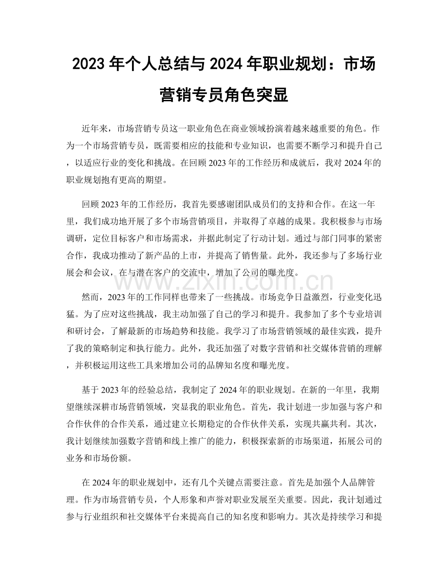 2023年个人总结与2024年职业规划：市场营销专员角色突显.docx_第1页