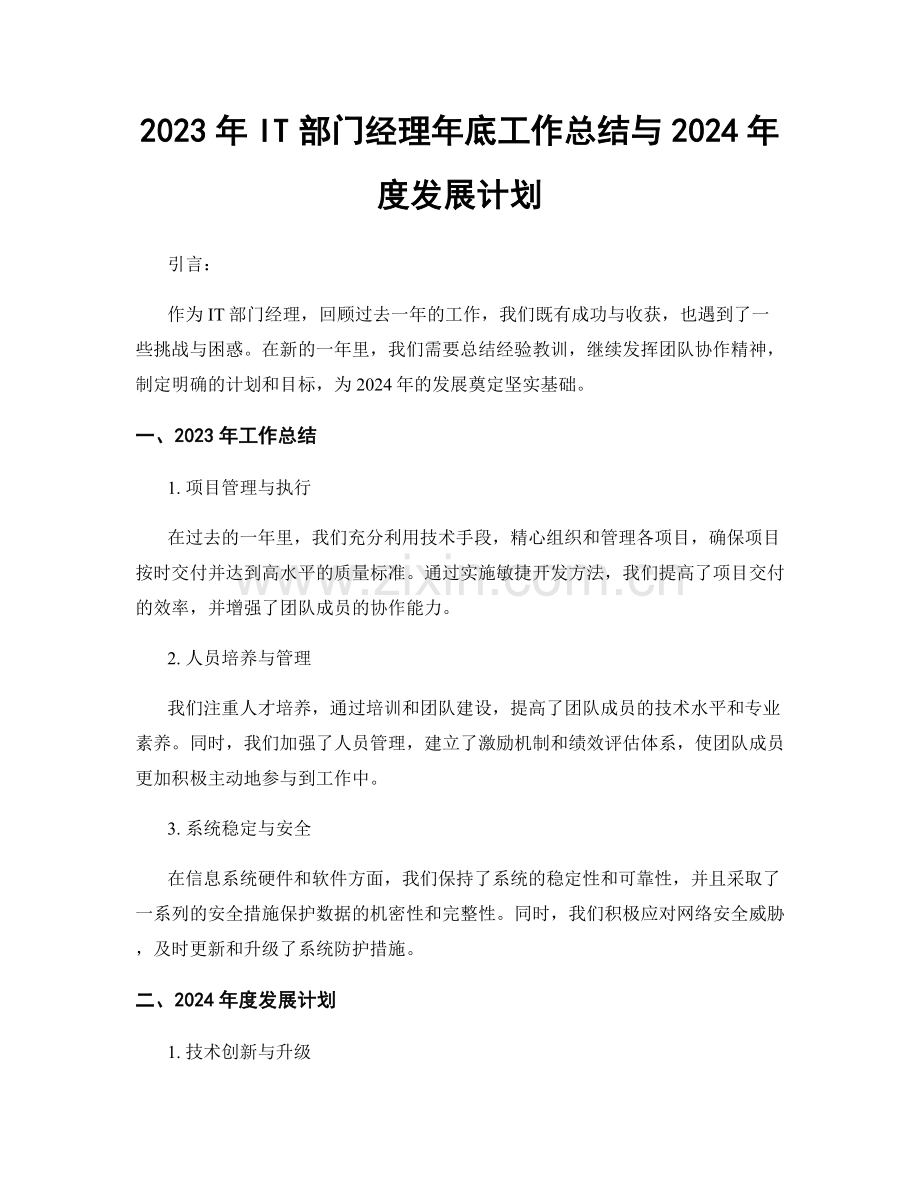 2023年IT部门经理年底工作总结与2024年度发展计划.docx_第1页