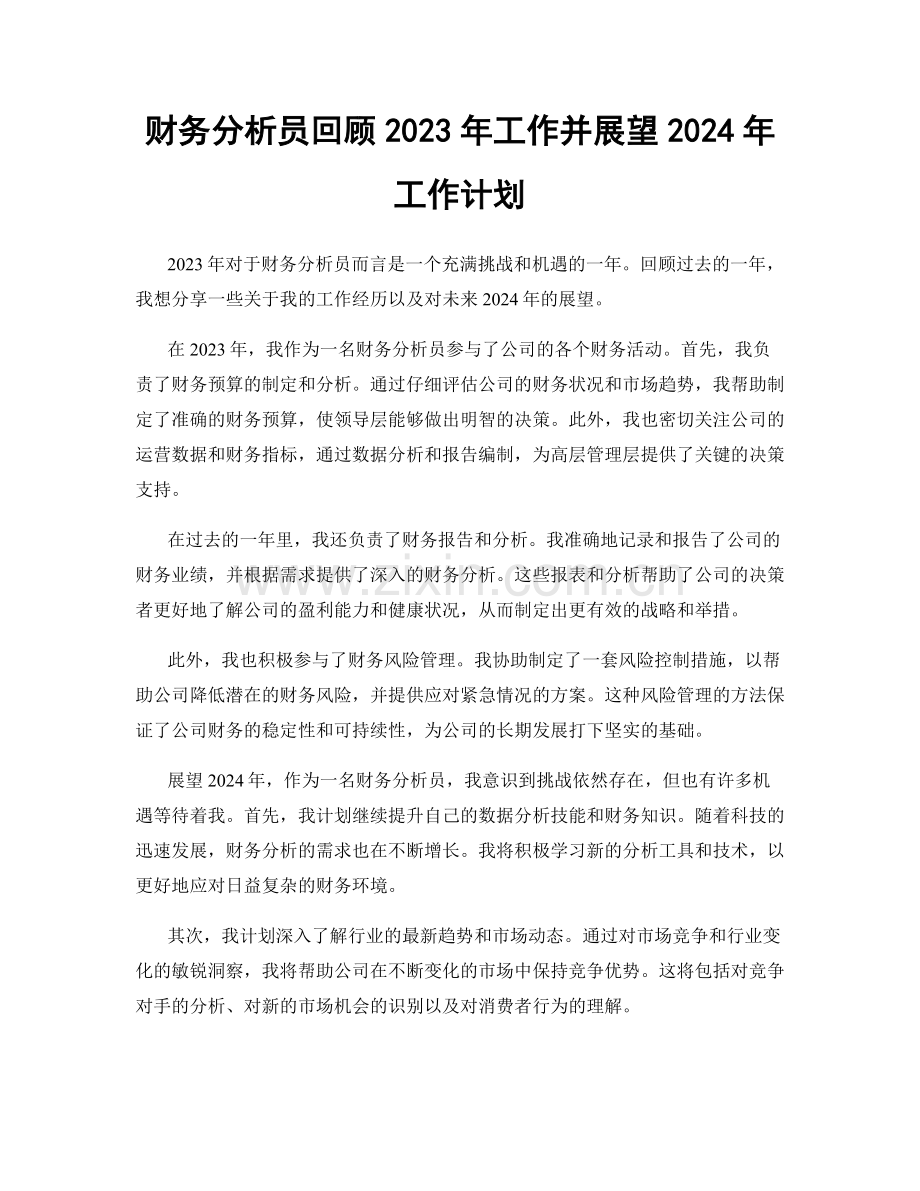财务分析员回顾2023年工作并展望2024年工作计划.docx_第1页