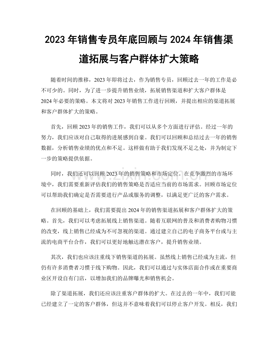 2023年销售专员年底回顾与2024年销售渠道拓展与客户群体扩大策略.docx_第1页