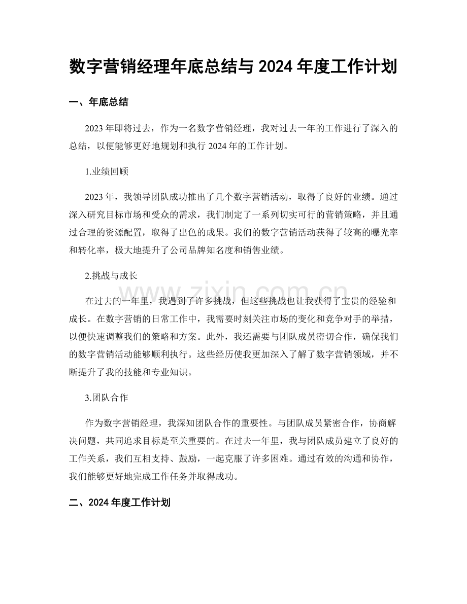 数字营销经理年底总结与2024年度工作计划.docx_第1页