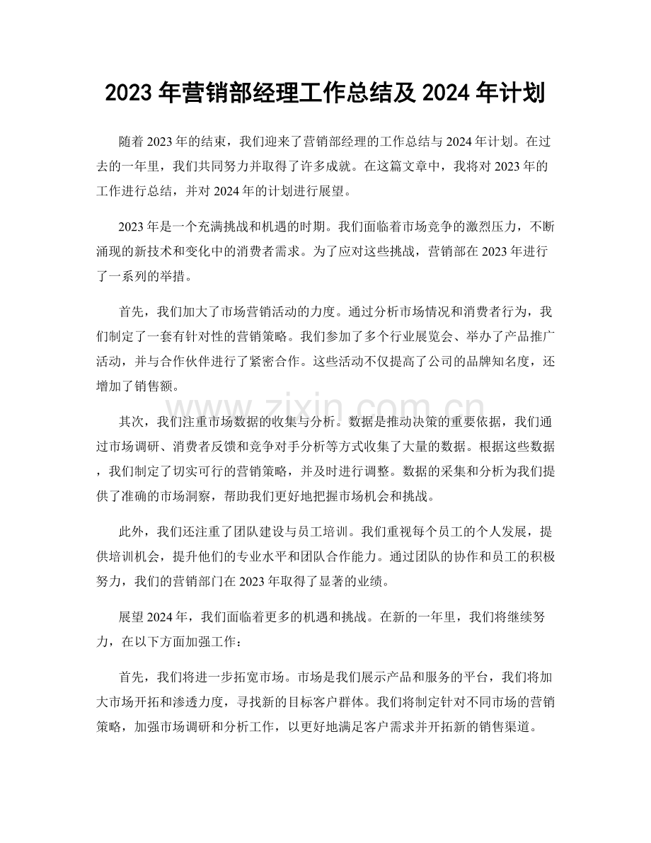 2023年营销部经理工作总结及2024年计划.docx_第1页