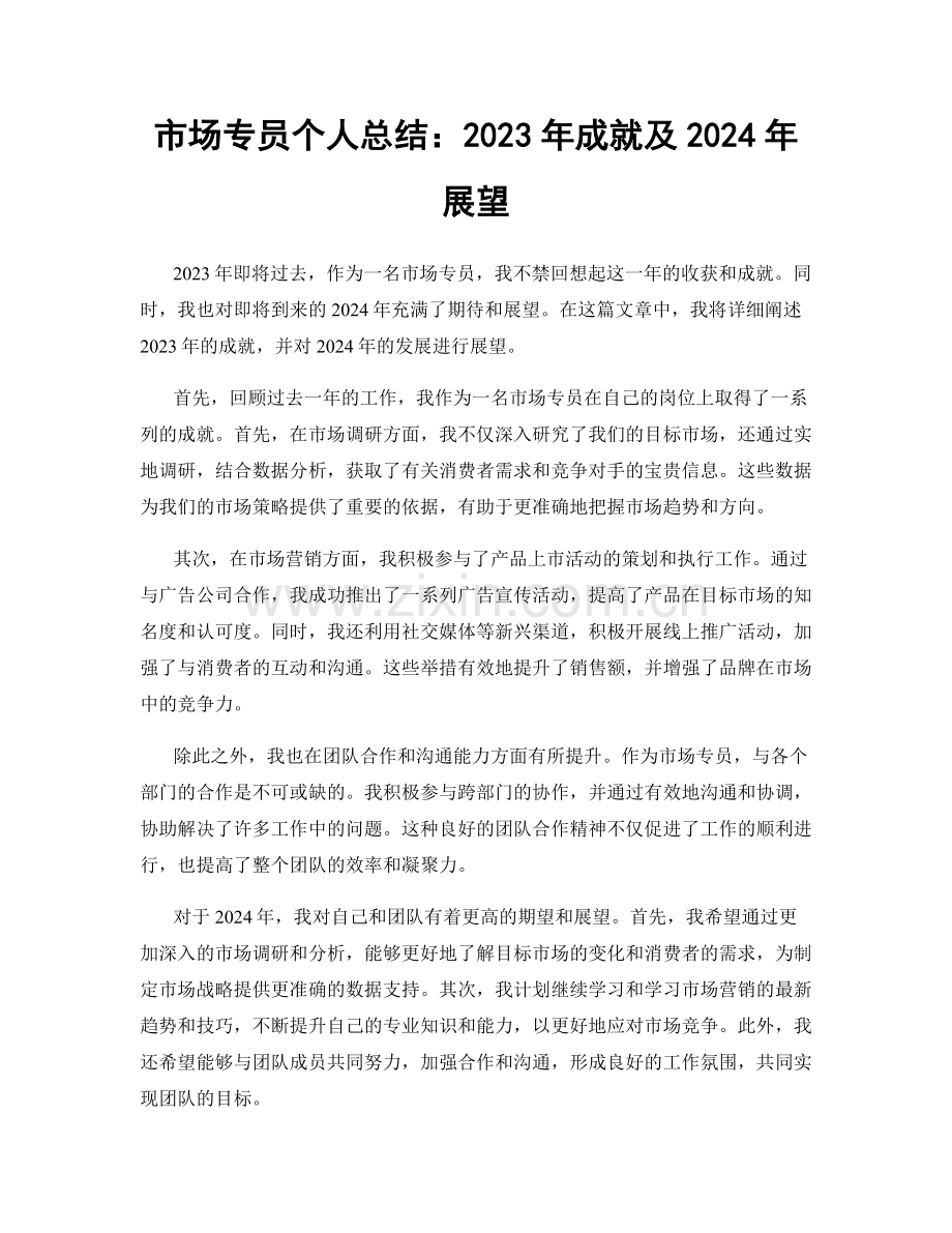 市场专员个人总结：2023年成就及2024年展望.docx_第1页
