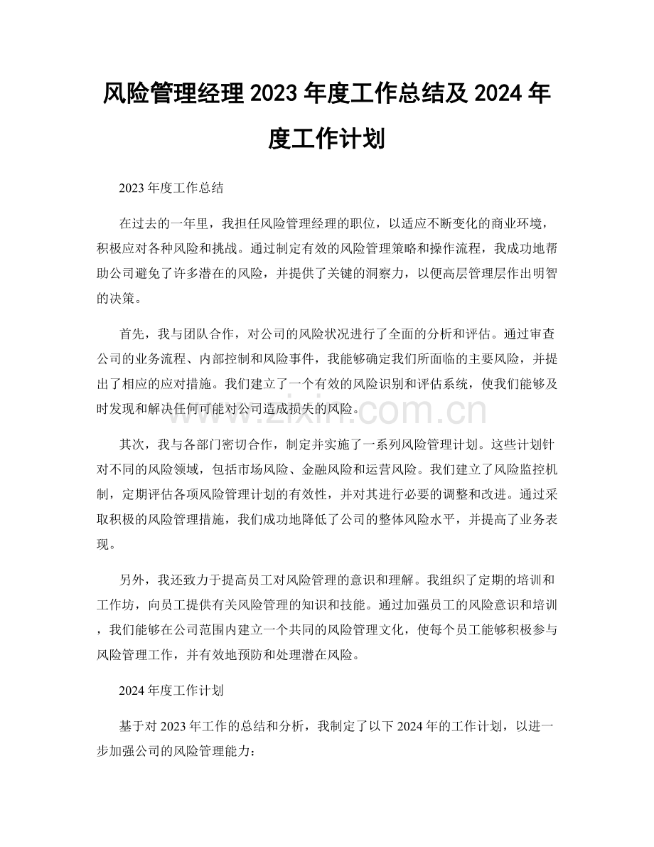 风险管理经理2023年度工作总结及2024年度工作计划.docx_第1页