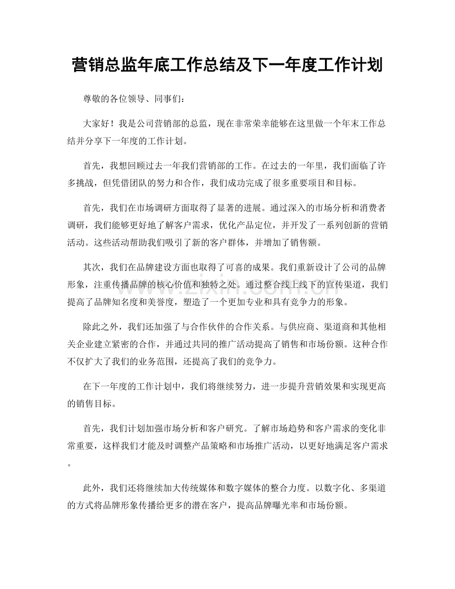 营销总监年底工作总结及下一年度工作计划.docx_第1页
