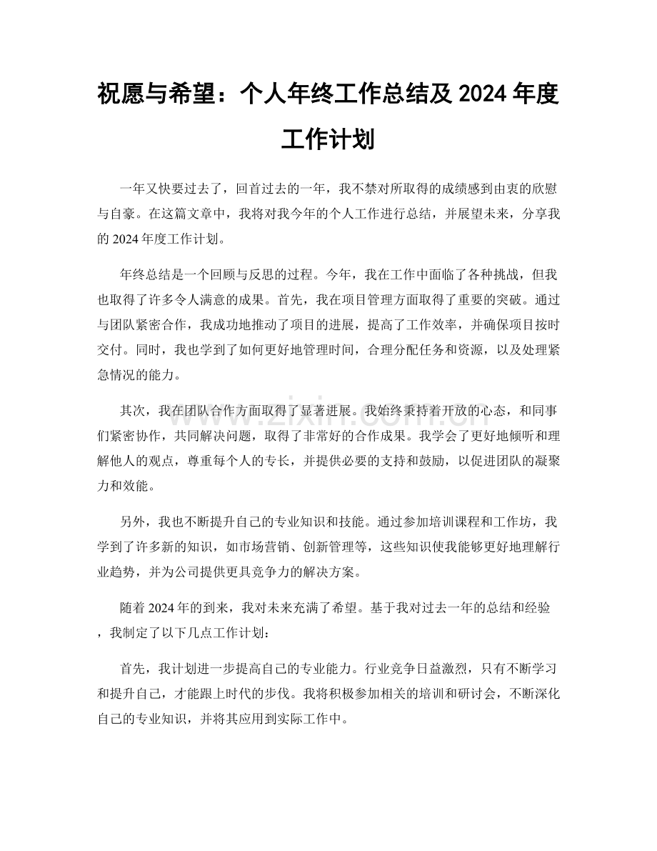 祝愿与希望：个人年终工作总结及2024年度工作计划.docx_第1页