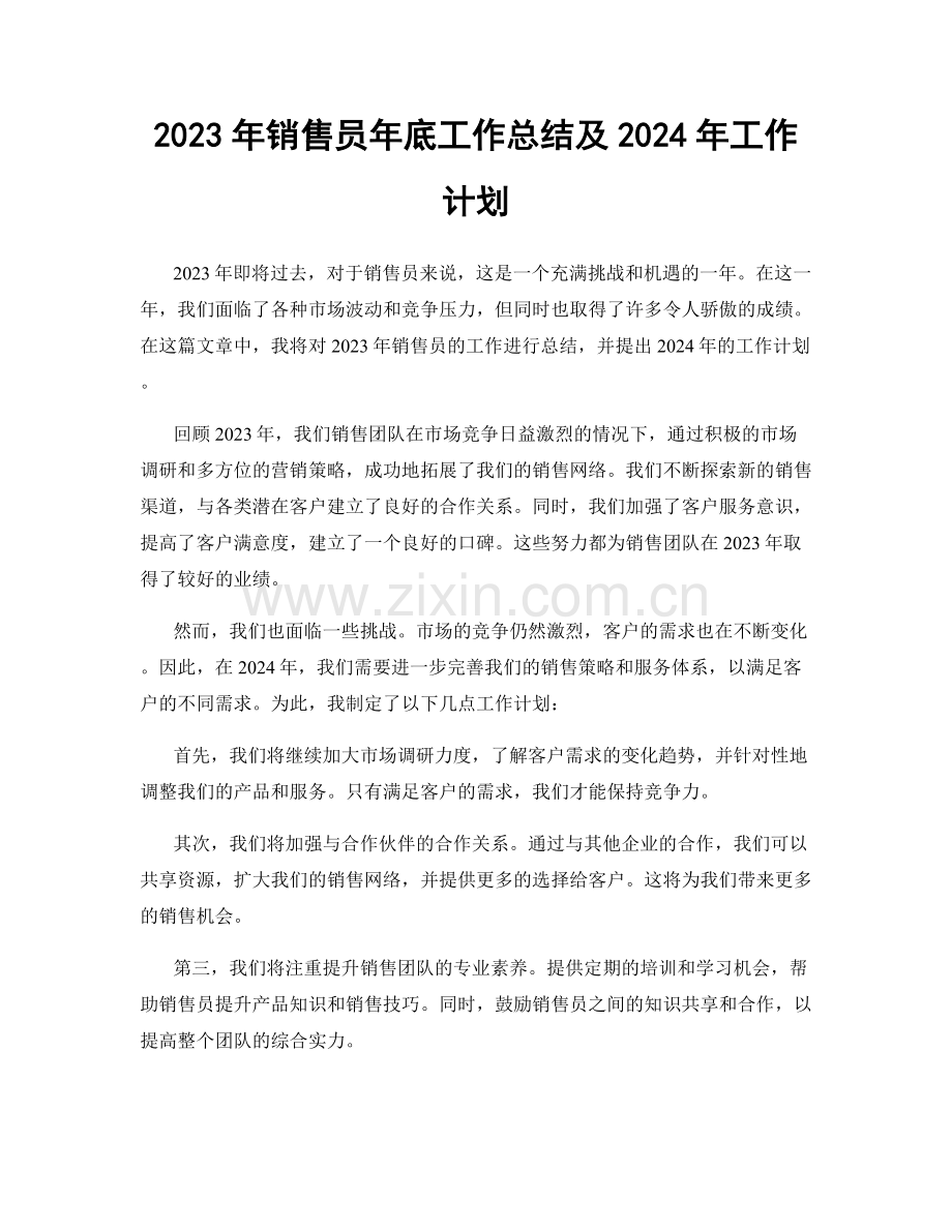 2023年销售员年底工作总结及2024年工作计划.docx_第1页