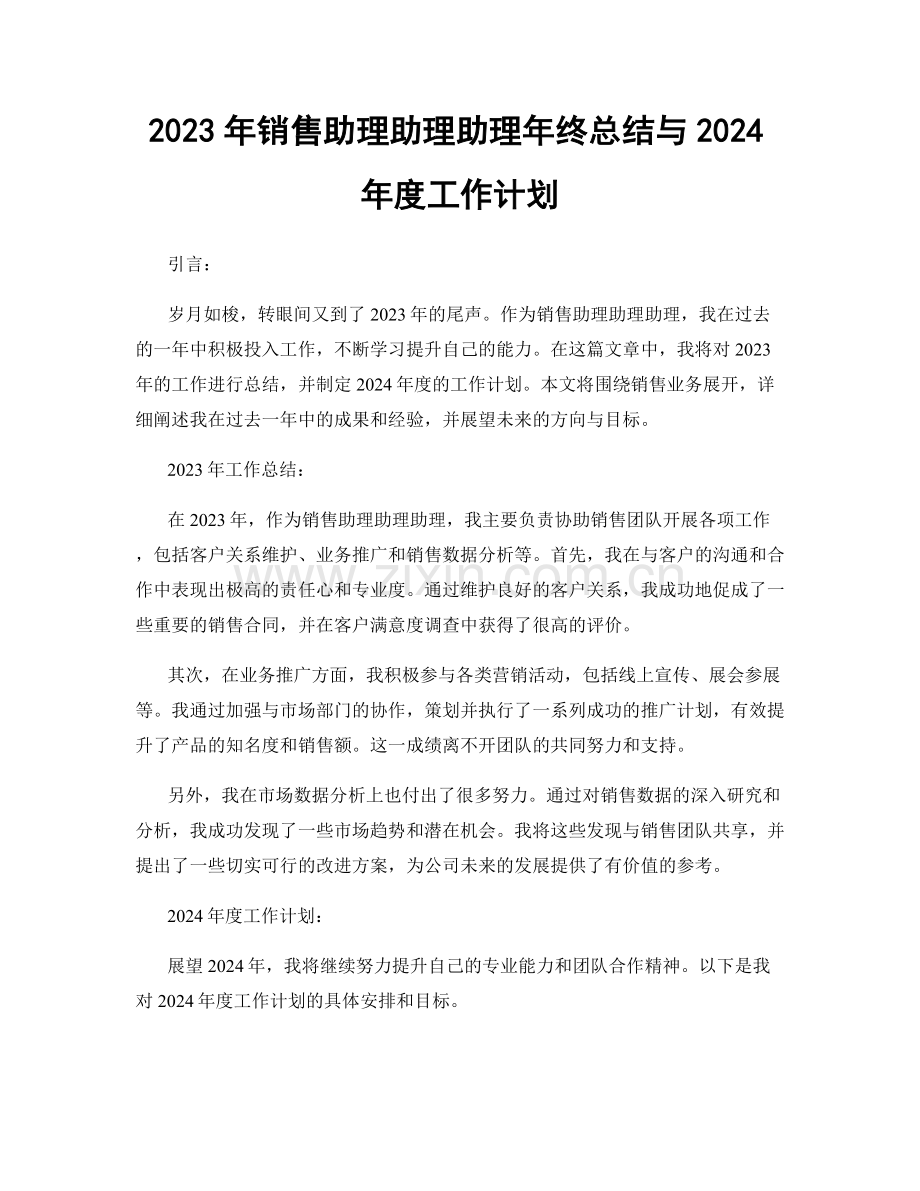 2023年销售助理助理助理年终总结与2024年度工作计划.docx_第1页