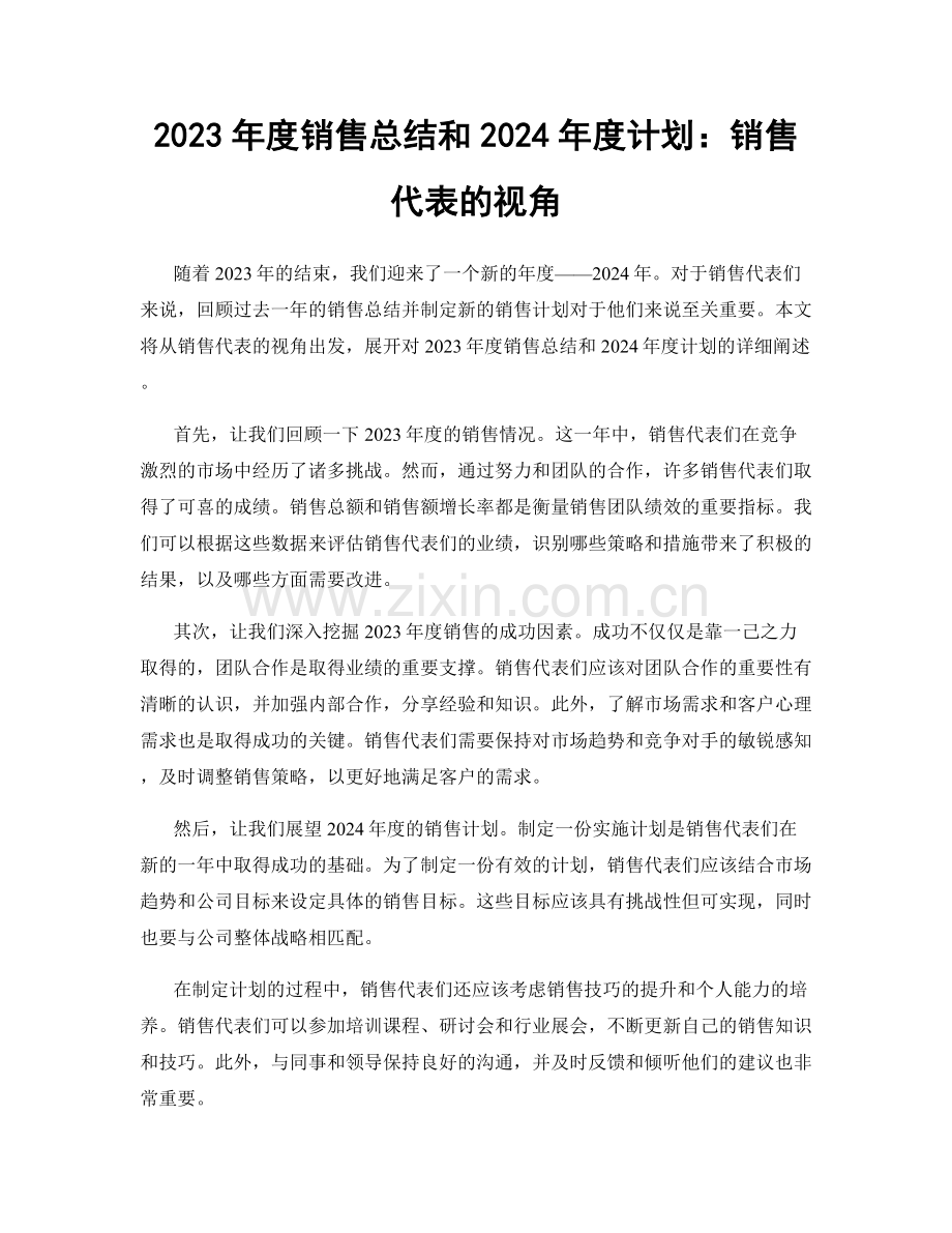 2023年度销售总结和2024年度计划：销售代表的视角.docx_第1页