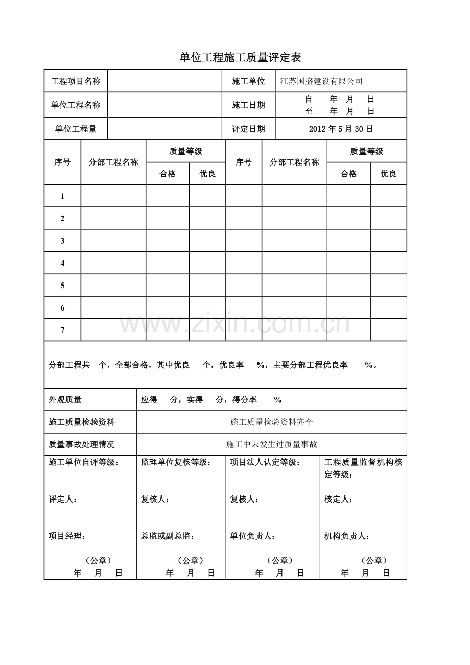 分部单位工程施工质量评定表.doc_第1页
