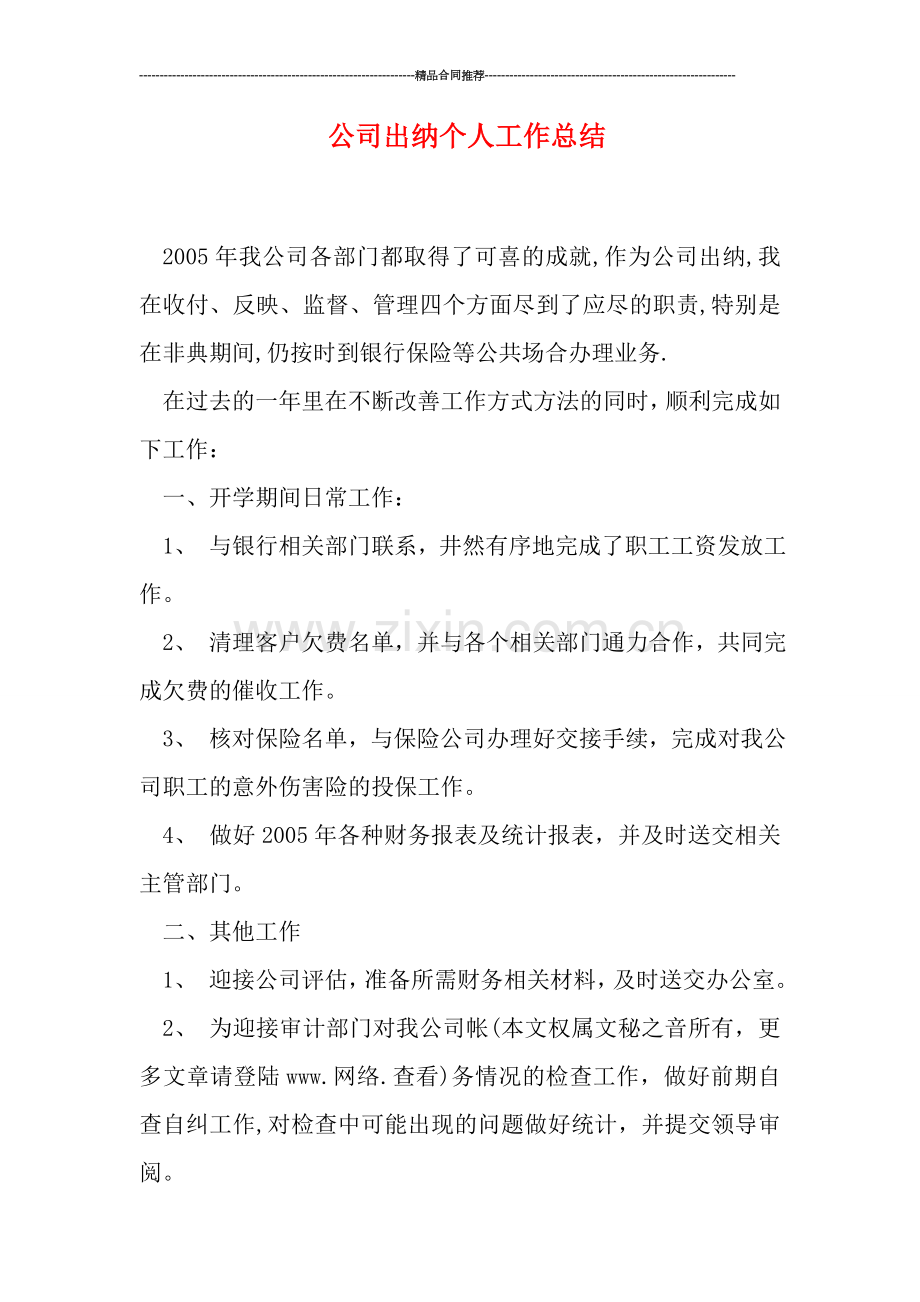 公司出纳个人工作总结.doc_第1页