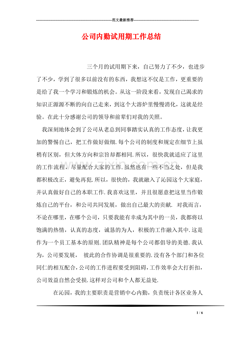 公司内勤试用期工作总结.doc_第1页