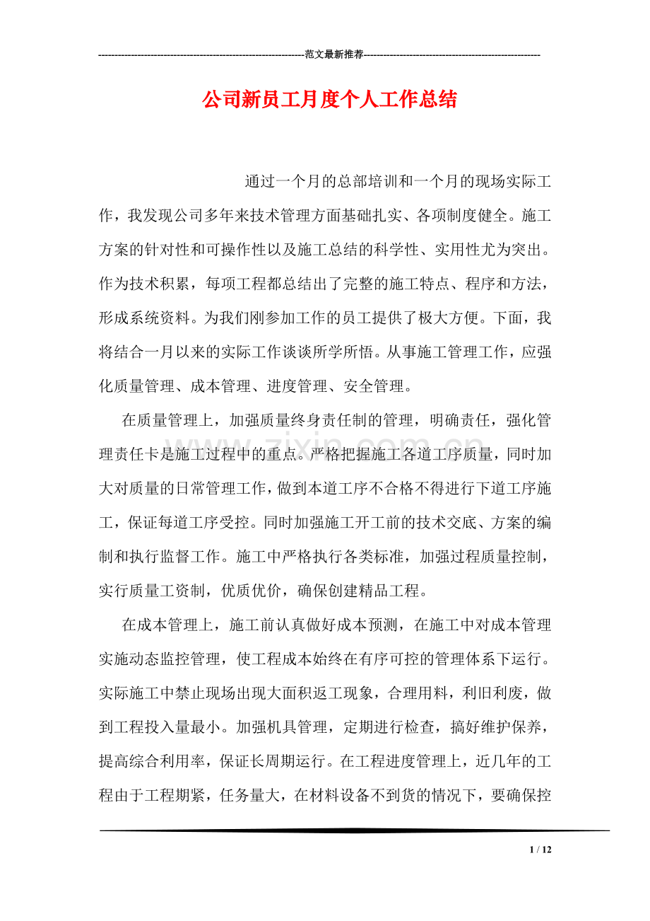 公司新员工月度个人工作总结.doc_第1页