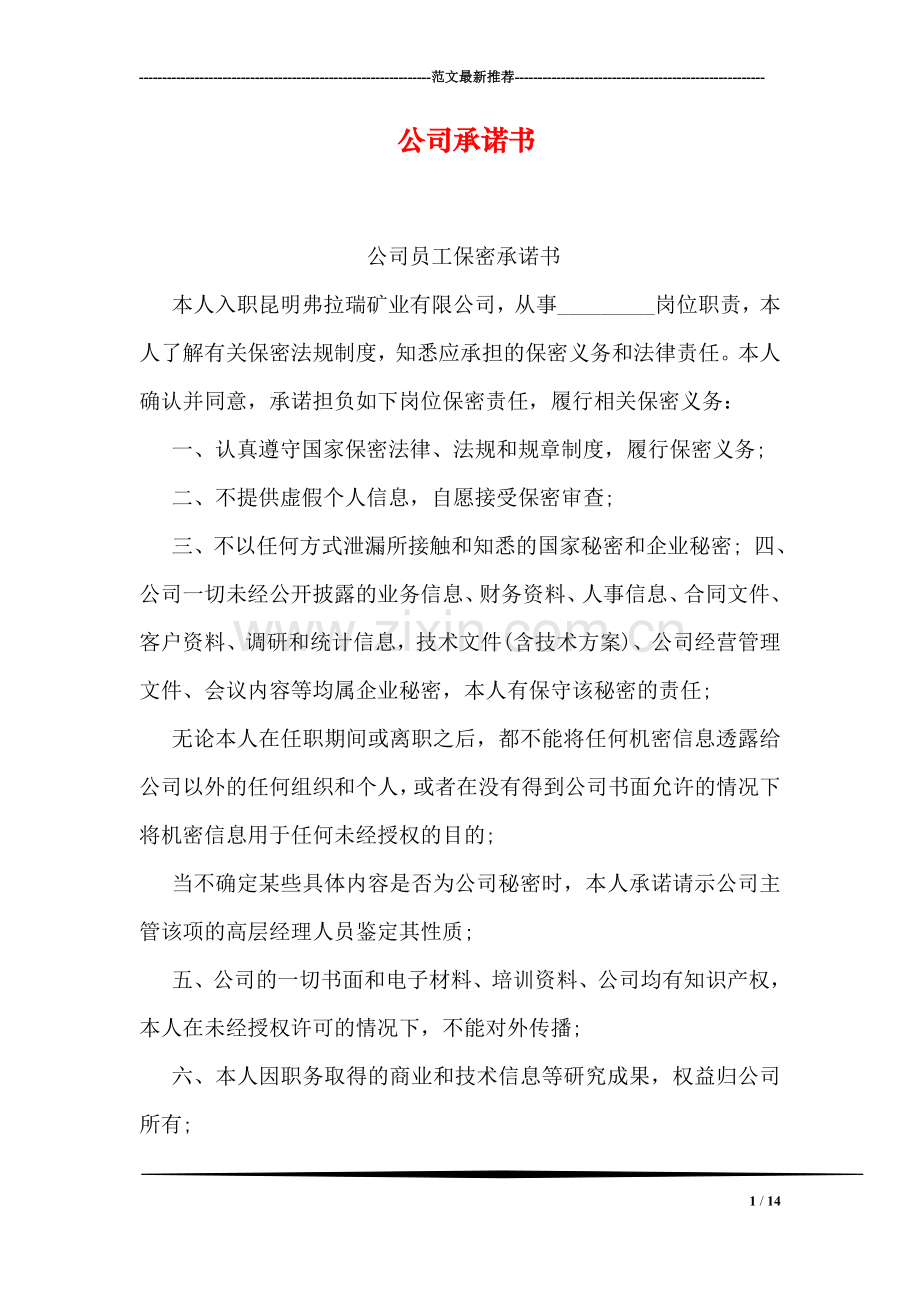 公司承诺书.doc_第1页