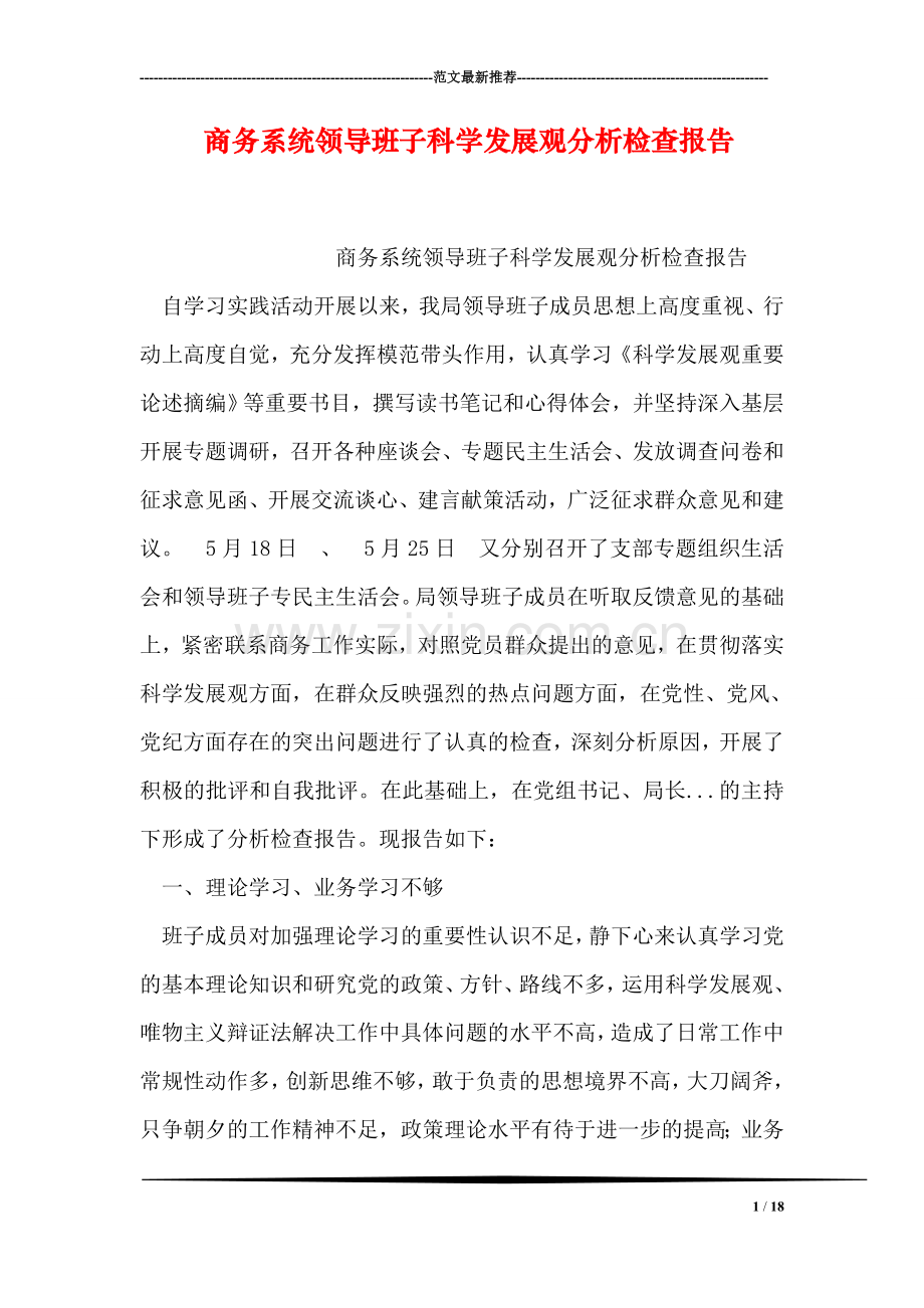 商务系统领导班子科学发展观分析检查报告.doc_第1页