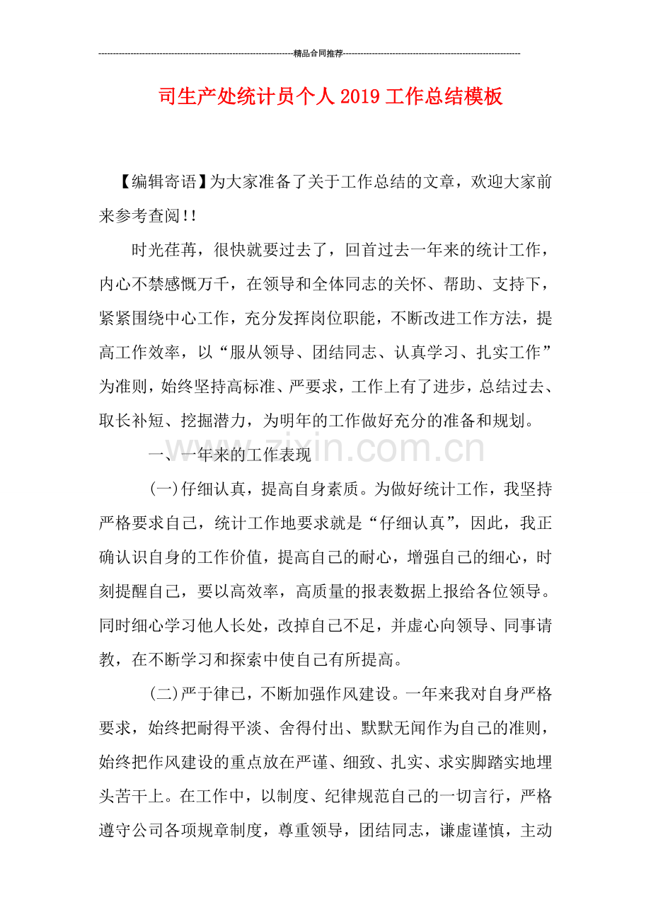 司生产处统计员个人2019工作总结模板.doc_第1页