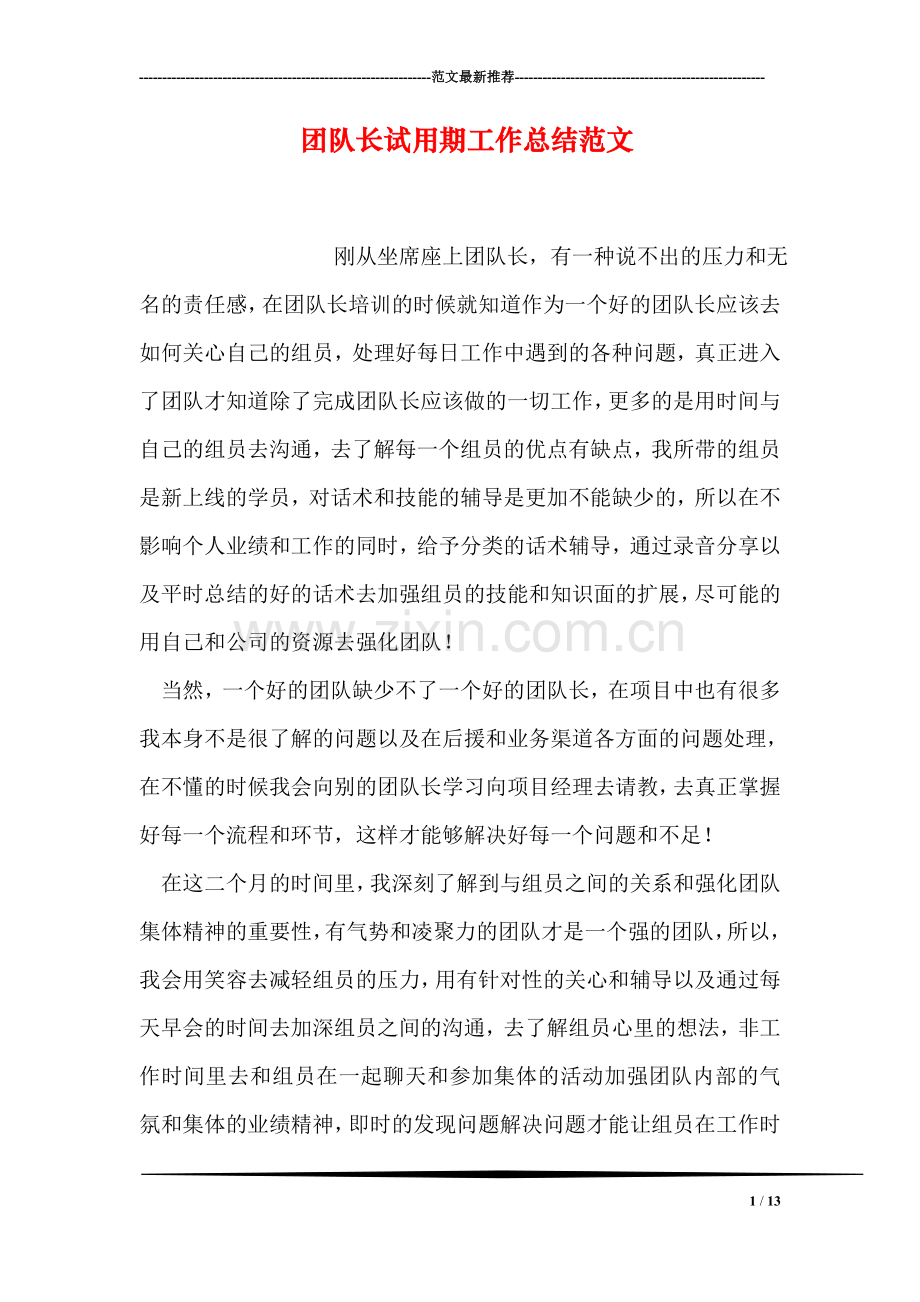 团队长试用期工作总结范文.doc_第1页