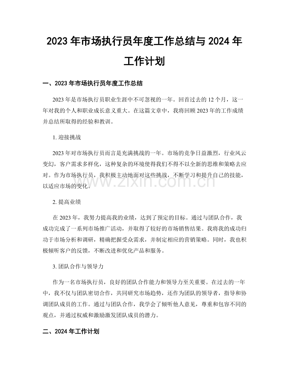 2023年市场执行员年度工作总结与2024年工作计划.docx_第1页