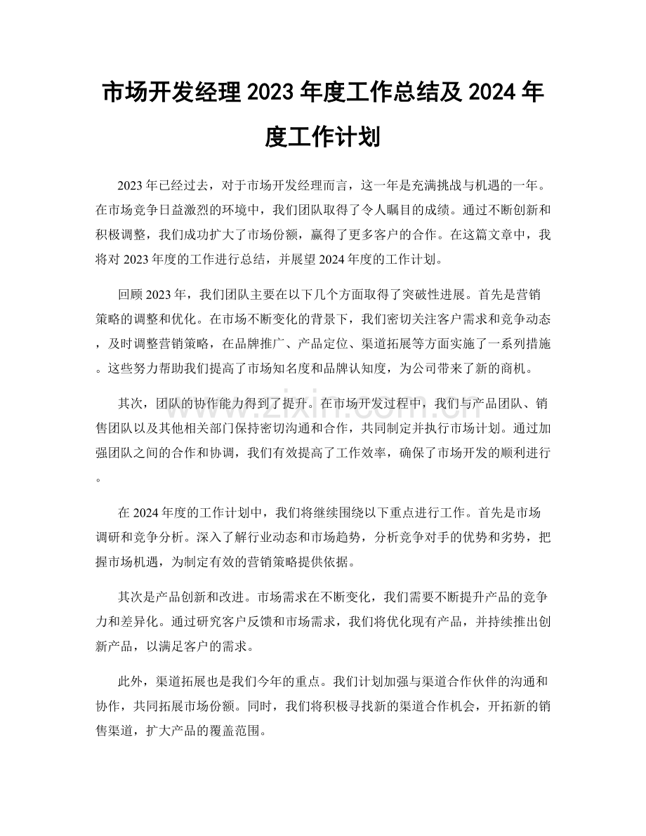 市场开发经理2023年度工作总结及2024年度工作计划.docx_第1页