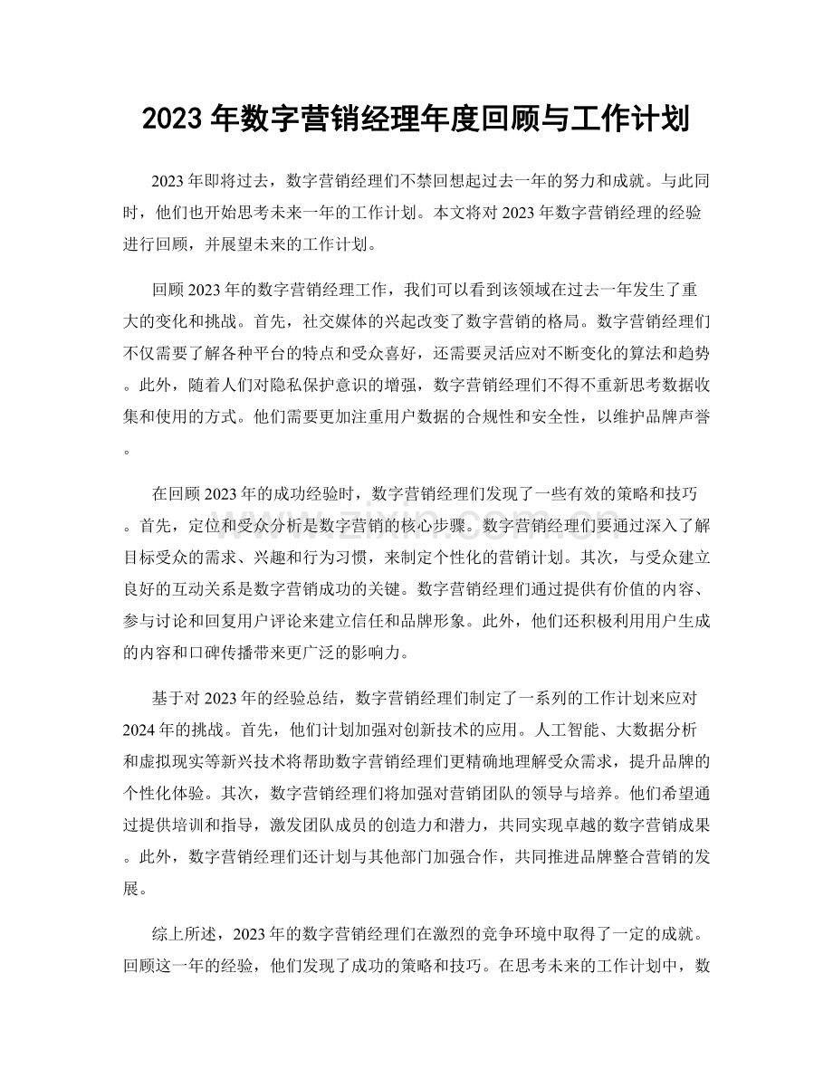 2023年数字营销经理年度回顾与工作计划.docx_第1页