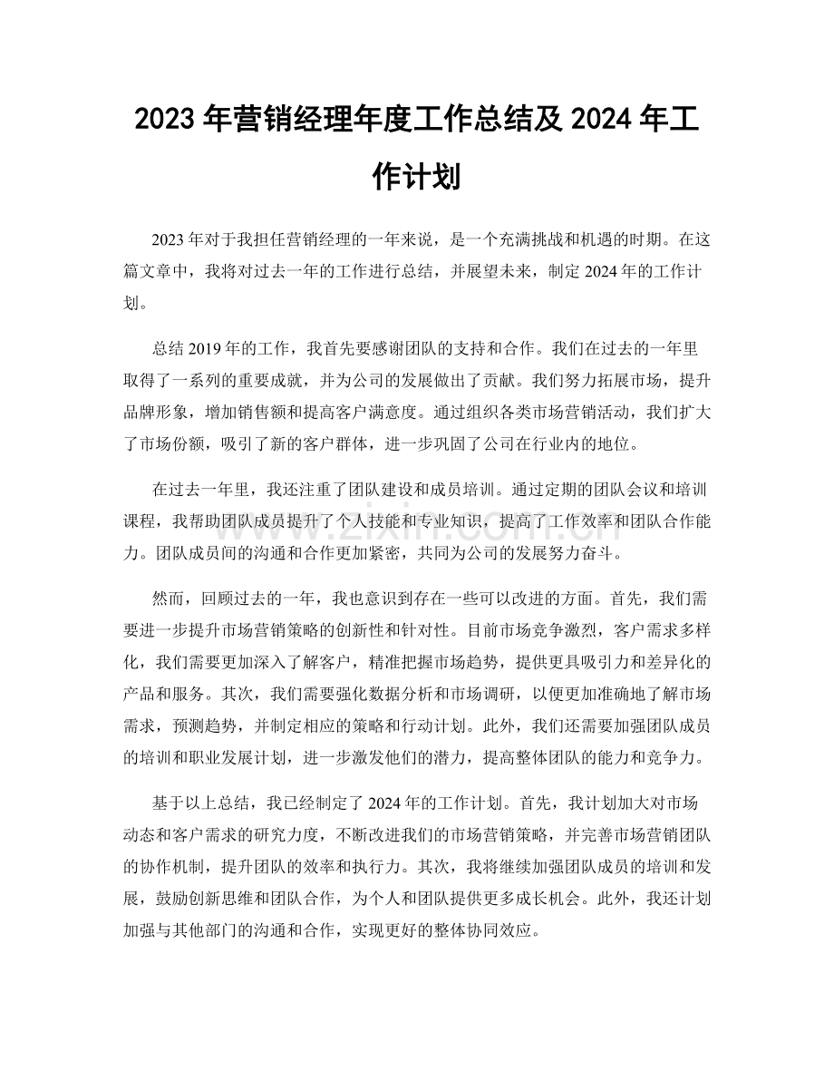 2023年营销经理年度工作总结及2024年工作计划.docx_第1页