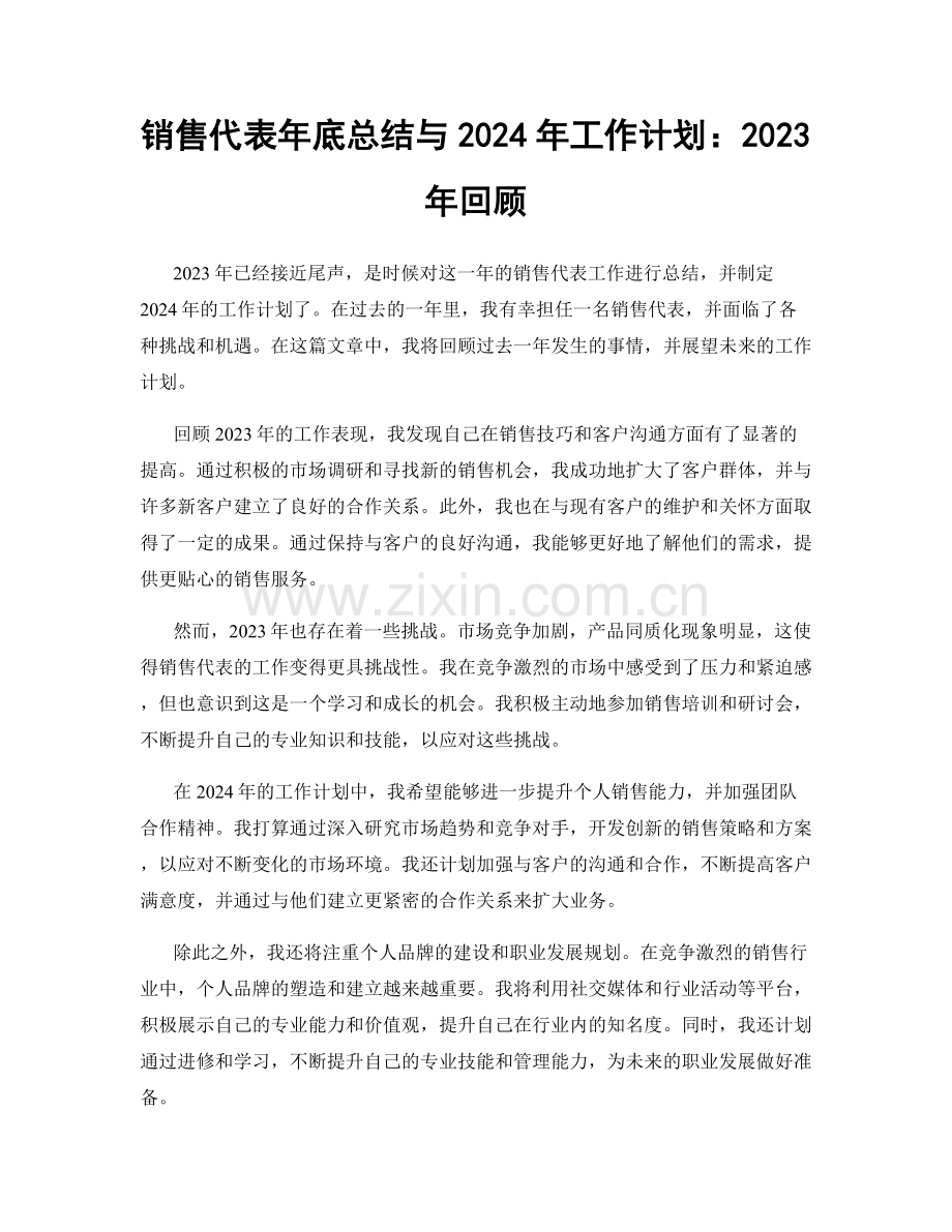 销售代表年底总结与2024年工作计划：2023年回顾.docx_第1页