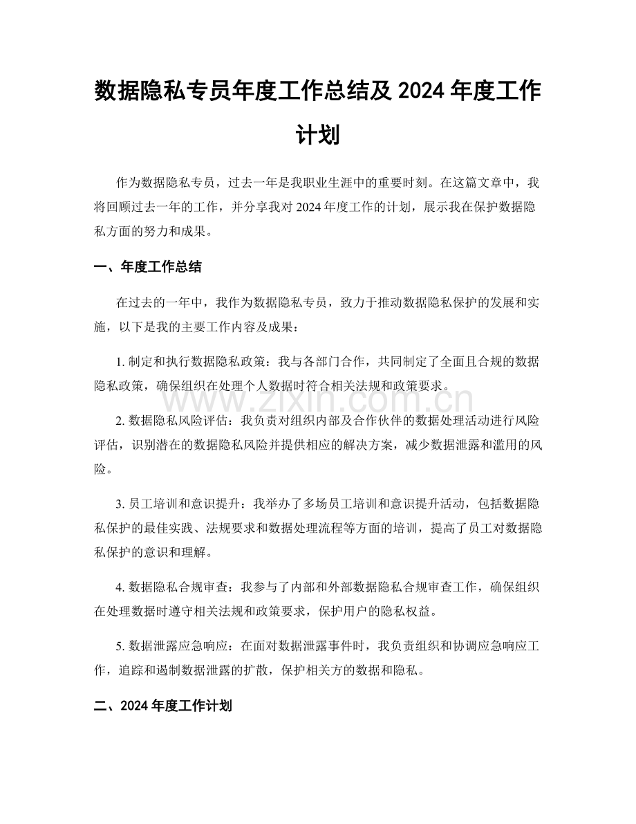 数据隐私专员年度工作总结及2024年度工作计划.docx_第1页