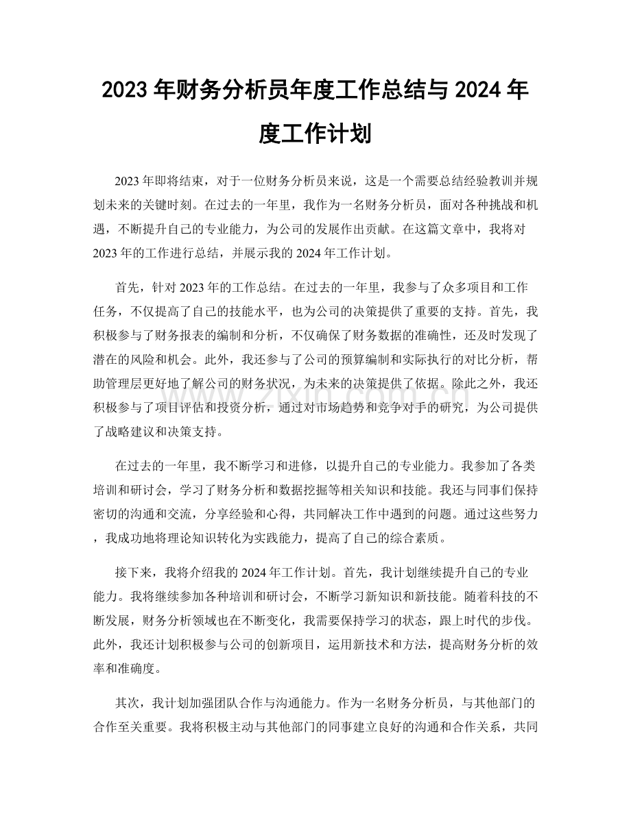 2023年财务分析员年度工作总结与2024年度工作计划.docx_第1页