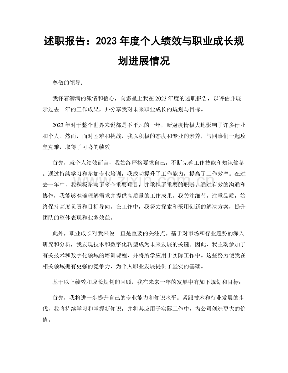 述职报告：2023年度个人绩效与职业成长规划进展情况.docx_第1页