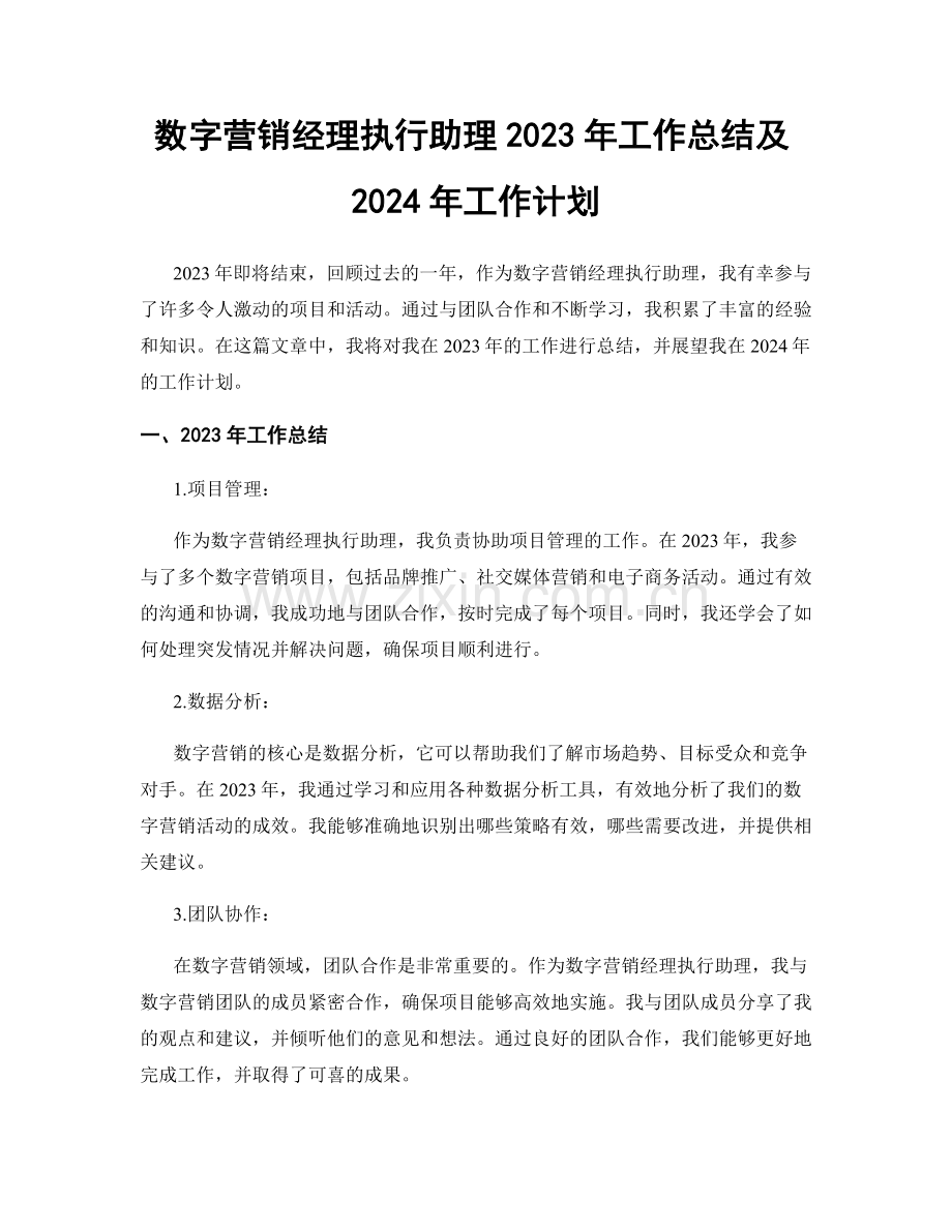 数字营销经理执行助理2023年工作总结及2024年工作计划.docx_第1页