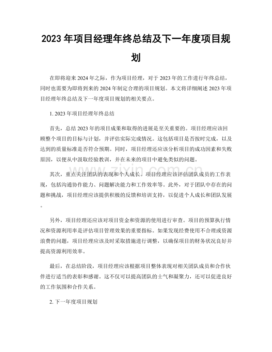 2023年项目经理年终总结及下一年度项目规划.docx_第1页