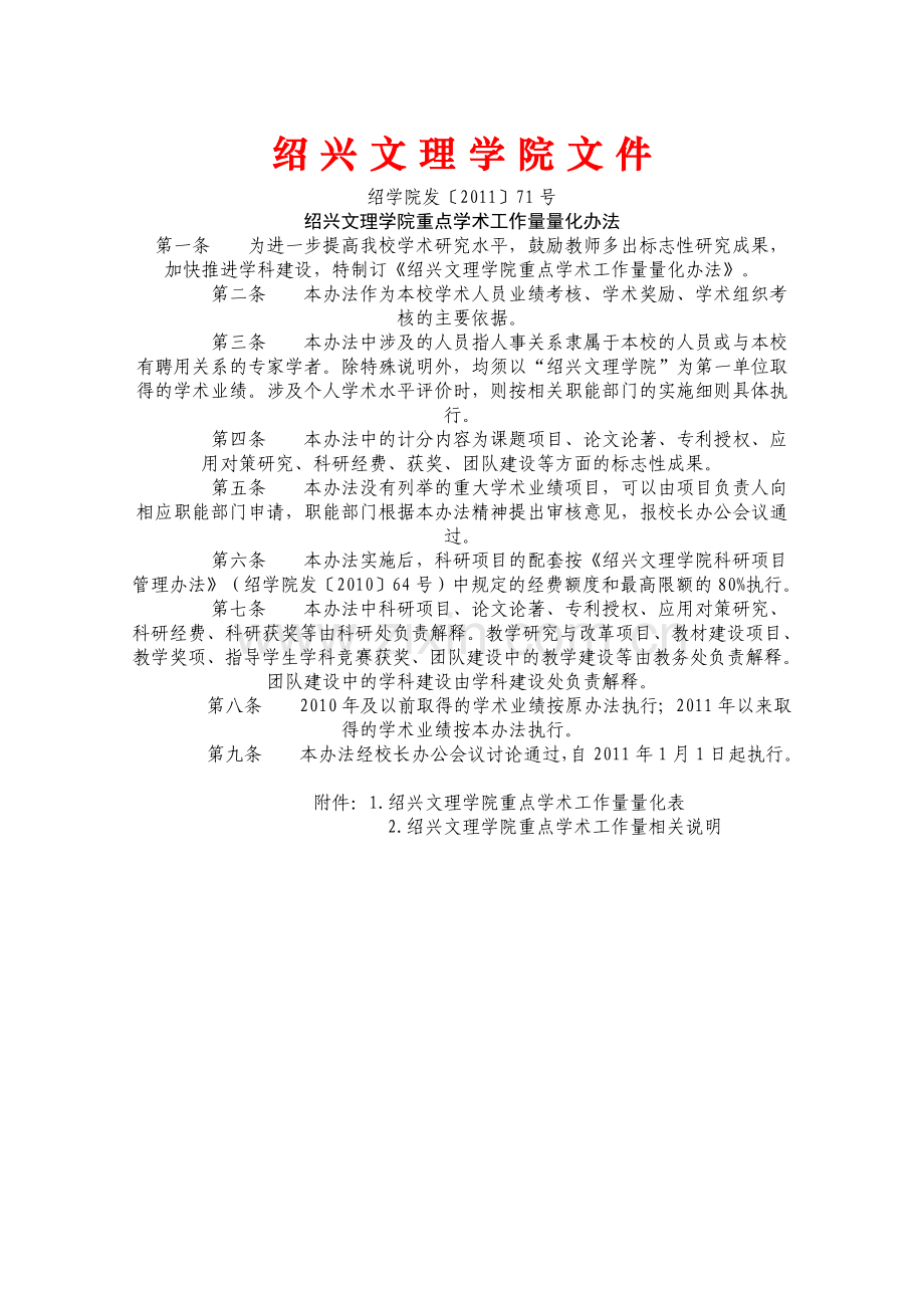 绍兴文理学院重点学术工作量化办法.doc_第1页