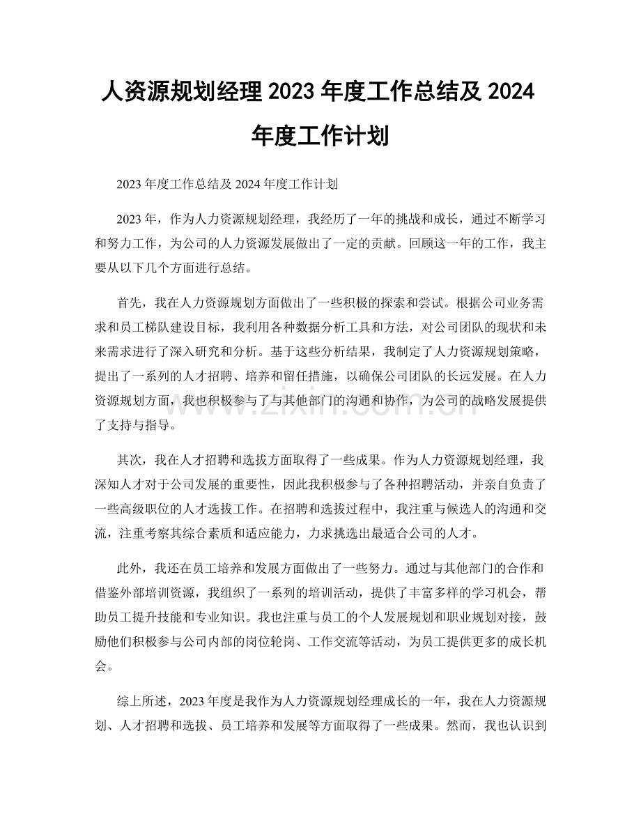 人资源规划经理2023年度工作总结及2024年度工作计划.docx_第1页