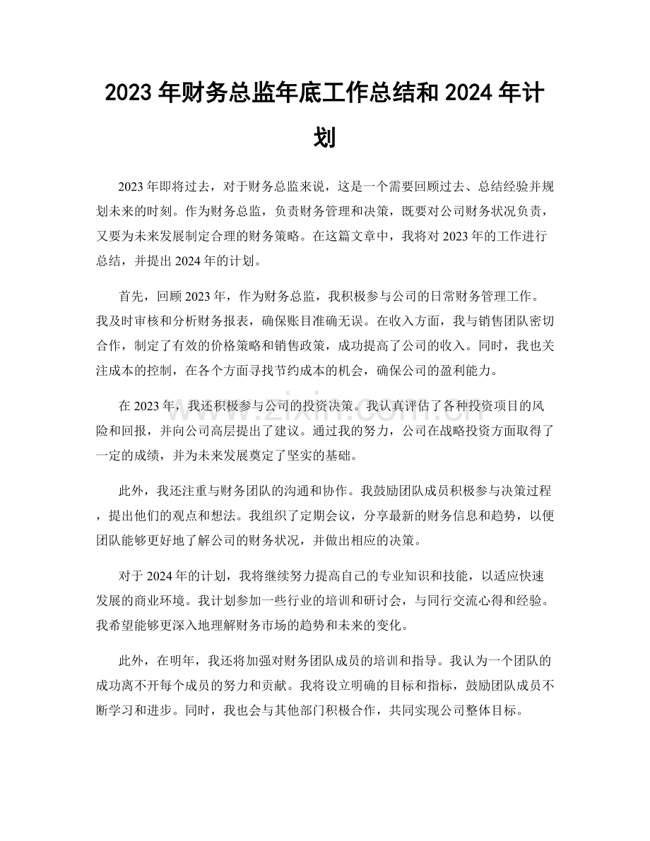 2023年财务总监年底工作总结和2024年计划.docx_第1页