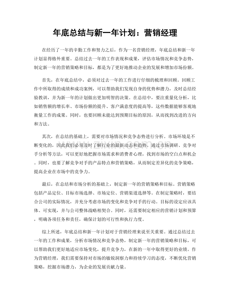 年底总结与新一年计划：营销经理.docx_第1页