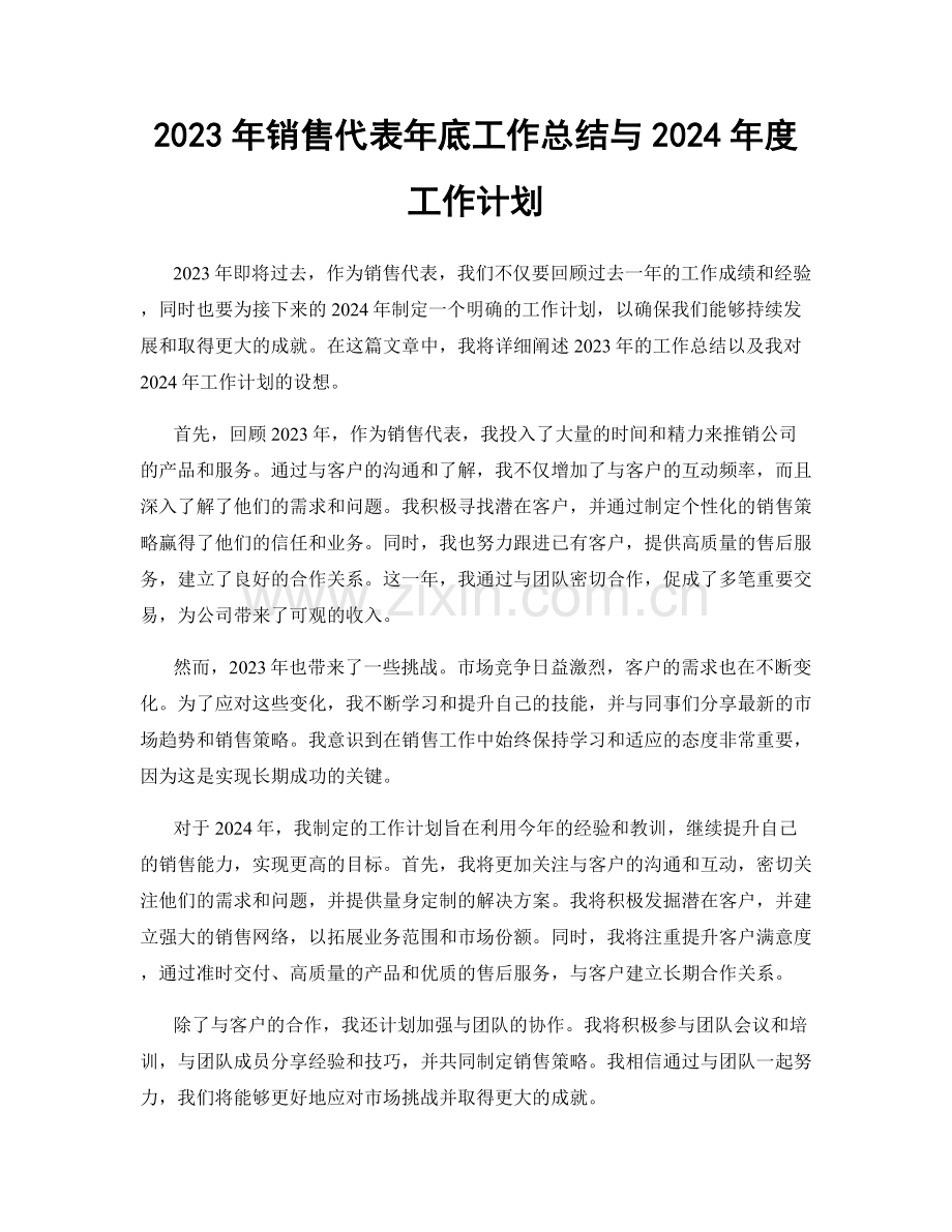2023年销售代表年底工作总结与2024年度工作计划.docx_第1页