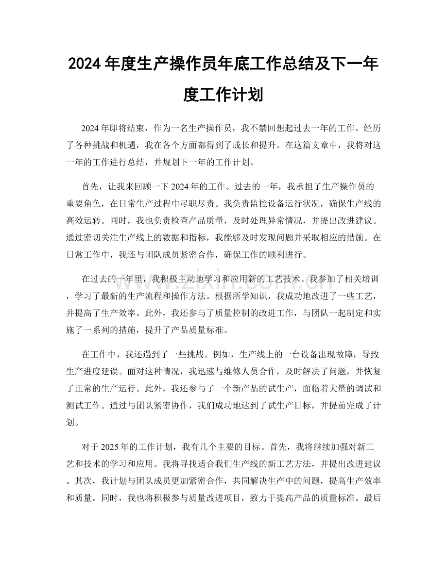 2024年度生产操作员年底工作总结及下一年度工作计划.docx_第1页